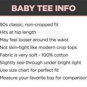 May include: A text-based infographic with a pink header that reads "BABY TEE INFO". The infographic lists the features of a baby tee shirt, including its fit, fabric, and transparency.