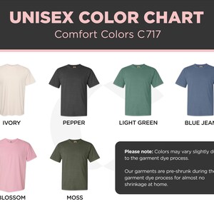 Op de afbeelding: Een kleurenkaart met zes unisex t-shirts in de kleuren ivoor, peper, lichtgroen, spijkerbroekblauw, bloesem en mos. De tekst "UNISEX COLOR CHART" en "Comfort Colors C717" staan bovenaan. Een notitie legt kleurvariaties en voorgekrompen kleding uit.