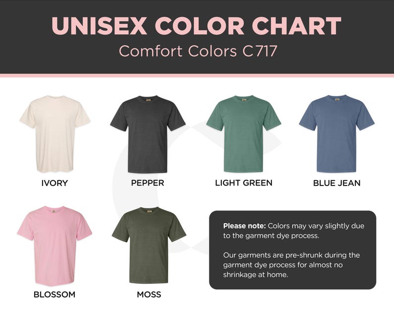 Op de afbeelding: Een kleurenkaart met zes unisex t-shirts in de kleuren ivoor, peper, lichtgroen, spijkerbroekblauw, bloesem en mos. De tekst "UNISEX COLOR CHART" en "Comfort Colors C717" staan bovenaan. Een notitie legt kleurvariaties en voorgekrompen kleding uit.