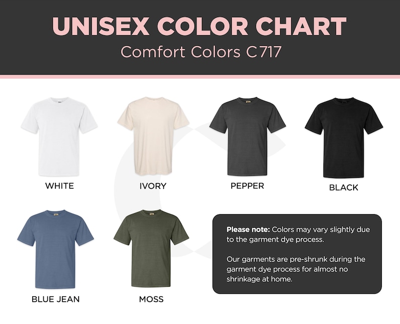 May include: Color chart showing ten different t-shirt colors: white, ivory, pepper, black, blue jean, moss, navy, heather grey, red, and kelly green. The text "Unisex Color Chart" and "Comfort Colors C717" is at the top of the chart. The text "Please note: Colors may vary slightly due to the garment dye process. Our garments are pre-shrunk during the garment dye process for almost no shrinkage at home." is at the bottom of the chart.