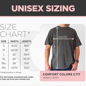May include: A size chart for unisex t-shirts, with measurements in inches. The chart includes sizes S to 3XL, with corresponding width and length measurements. The image also shows a person wearing a gray t-shirt, with arrows indicating width and length measurements.