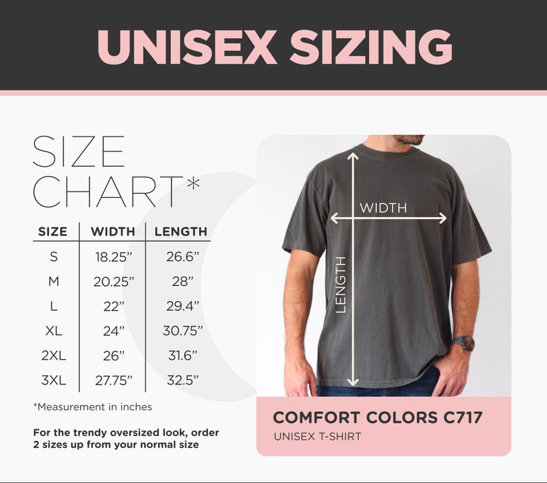 May include: A size chart for unisex t-shirts, with measurements in inches. The chart includes sizes S to 3XL, with corresponding width and length measurements. The image also shows a person wearing a gray t-shirt, with arrows indicating width and length measurements.
