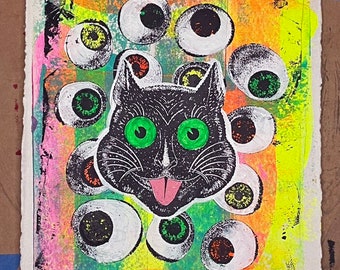 Halloween Black Cat & Eyeballs Vintage Textured Gel Print on Handmade Japanese Paper 9x12 FREE SHIPPING