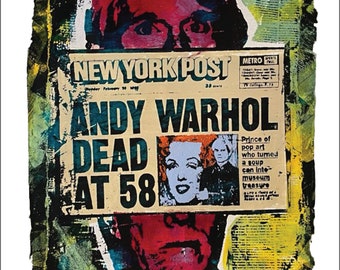 Muerte de Andy Warhol Pop Art Tribute Print Retrato con el periódico New York Post, 8.5x11 Grunge Art ENVÍO GRATIS