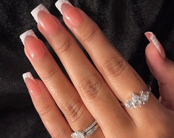 White french tip press on nail set with 3D effect | #008