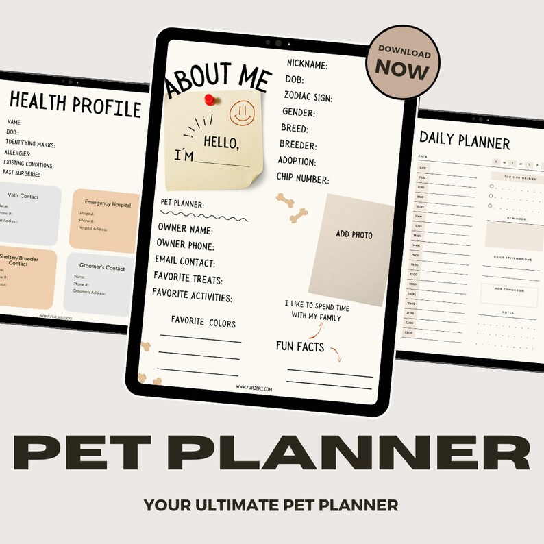 May include: A digital planner for pet owners. The planner includes sections for health profile, daily planner, and about me. The about me section includes fields for nickname, date of birth, zodiac sign, gender, breed, breeder, adoption, and chip number. The daily planner section includes fields for date, time, and notes. The health profile section includes fields for name, date of birth, identifying marks, allergies, existing conditions, past surgeries, vet's contact, shelter/breeder contact, and groomer's contact.