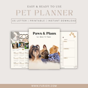 May include: Printable pet planner with a calendar, to-do list, and goals section. The cover features a colorful illustration of four dogs and cats. The text "Paws & Plans" and "Your Ultimate Pet Planner" is on the cover.