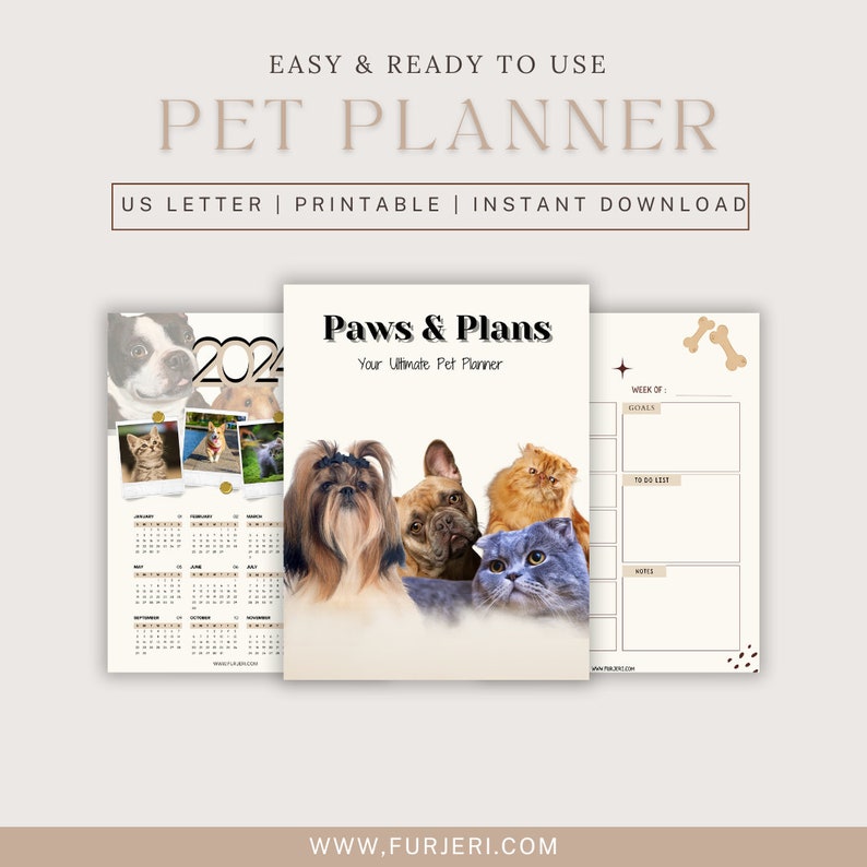 May include: Printable pet planner with a calendar, to-do list, and goals section. The cover features a colorful illustration of four dogs and cats. The text "Paws & Plans" and "Your Ultimate Pet Planner" is on the cover.
