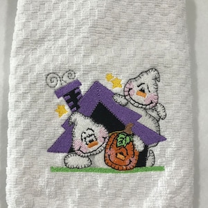 Haunted House Halloween Kitchen Towel Hand Towel Embroidered Kitchen Towel (Choose Terry or Flour Sack)