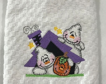 Haunted House Halloween Kitchen Towel Hand Towel Embroidered Kitchen Towel (Choose Terry or Flour Sack)