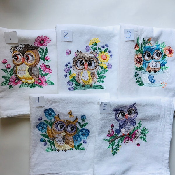 Machine Emroidered Floral Owl Kitchen Towels