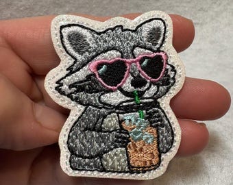 Iced coffee raccoon feltie Applique Embellishments RTS