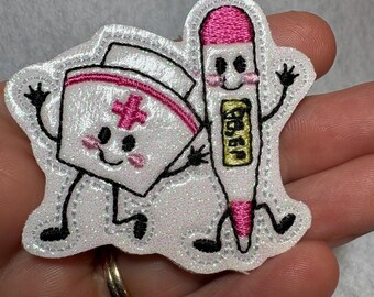 Doodle Nurse Hat Thermometer Pair Feltie Medical Applique Embellishments RTS