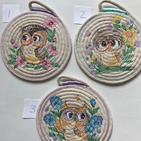 Embroidered Spring Owl Coaster/Owl Trivet/Owl Mug Rug Choose Style