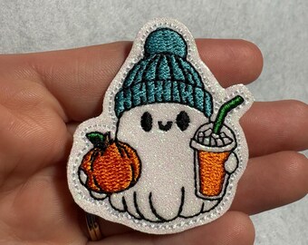 Feltie Ghost Applique with Beanie and Pumpkin Spice Drink – Halloween Fall Embellishment RTS