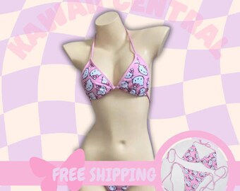 Hello Kitty Bikini - Gift for Her, Hello Kitty Clothes, Sanrio Clothes, Swimsuit, Kawaii Sweatpants, Cute Pink, Summer, Pink Bikini