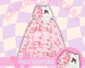 Hello Kitty Zipper Jacket - Cardigan Hoodie, Hello Kitty Kleding, Roze Jas, Camo, Sanrio, Hoodie, Vest met Camo, Cadeaus voor haar