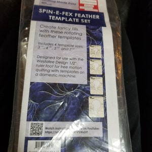 May include: A clear plastic package containing a Spin-E-Fex Feather Template Set. The set includes four template sizes: 3 1/2", 4", 5 1/2", and 7 1/2". The package text reads "Create fancy fills with these rotating feather templates."