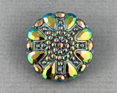 Vintage, black Czech glass button, metallic rainbow AB finish, jewelry, embellishment, knitting, crocheting, sewing - 23mm - 1 pc - GBN700
