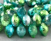 Transparent Green, textured pressed Czech glass lemon beads, metallic lime green, teal and silver - 14mm x 10mm - 6 or 12pcs - MG404-b77