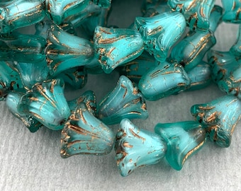 092 6 Teal with White Core and Brown Wash Fluted Glass Czech Melon Drop Beads 22x11mm