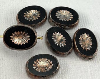 Jet Black Czech glass oval kiwi beads, table cut, starburst, rustic bronze finish - 14mm x 10mm - 6 or 12 pcs - GEO334-b116