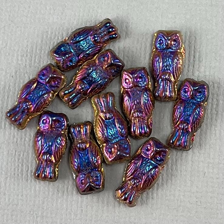 Mix, tiny Owl beads, pressed Czech glass, iris blue, bird, woodland - 14mm x 6mm - 10 or 20 pcs - AB