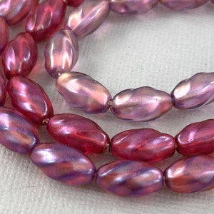 Purple Czech glass pressed twisted oval shaped beads, pearl pinkish purple finish, crystal core - 12mm x 7mm - 25 pcs - GEO275-b090