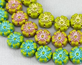 Avocado Green Czech glass hibiscus flower beads, pink, gold teal green wash, daisy, cherry blossom - 9mm x 10mm - 12 pcs - FB1944-b487
