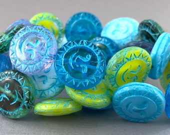 Czech glass pressed Smiley Sun coin beads, aqua blue wash, Blue, Aqua, Yellow, White, Lilac - 17mm - 2pcs - MG872-b033