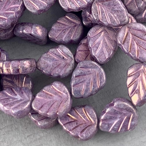 Purple Czech glass birch leaf beads, gold luster, purple finish, beads for jewelry, opaque - 10mm x 8mm - 12 or 25 pcs - FB907-b312