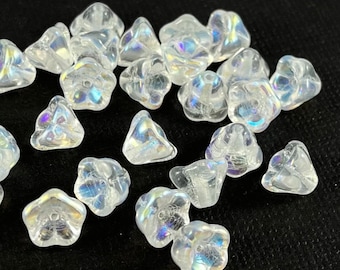 Crystal Clear Czech glass five petal bell flower beads, rainbow aurora borealis, bells, trumpet - 25 pcs - 8mm - FB1573-b177