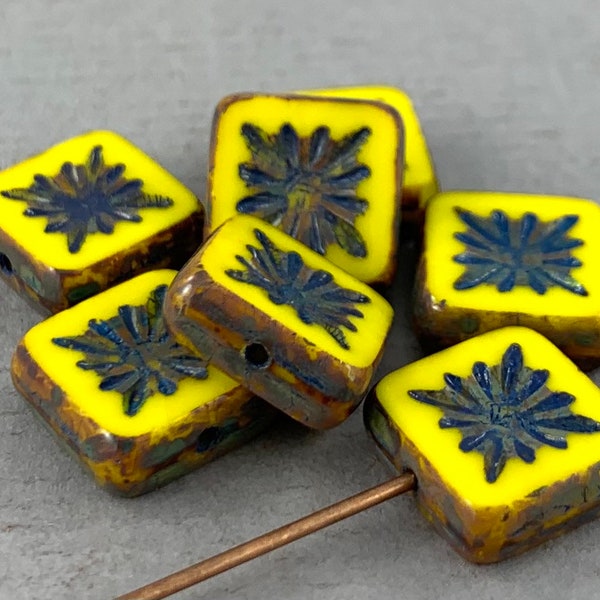 Sunny Yellow Czech glass table cut square shaped beads, brown edge, starburst, kiwi beads - 10 pcs - 11mm - GEO310-b182