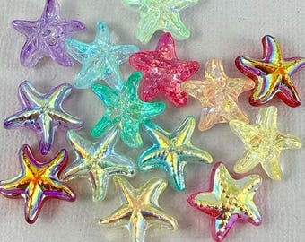 Starfish glass beads, purple, green, red, aurora borealis - 15mm - 6 or 12 pcs - AB731-A10