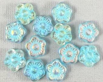 Clear Czech glass flower beads, aurora borealis, blue wash, forget me not - 10mm - 12pcs - FB031-b126