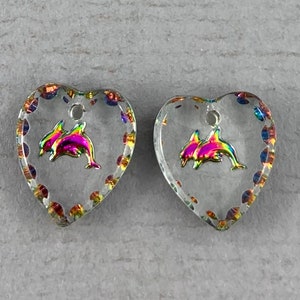 Small, crystal clear, helio pink dolphins, intaglio buff glass heart pendant pair, charms, top drilled - 12mm x 11mm - 2pc - MG881