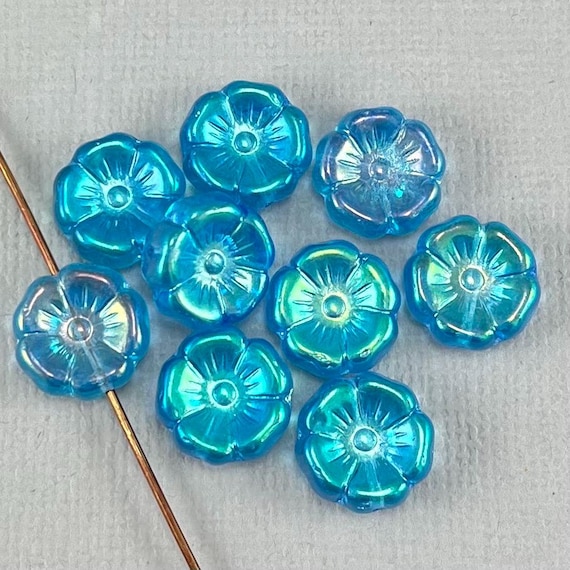 Aqua Blue Czech glass flower beads, aurora borealis finish, blue hibiscus, transparent - 12mm - 6 or 12 pcs - FB1051-b498