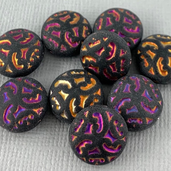 Matte, Coal Black Czech glass pressed, metallic rainbow scroll, swirl coin bead mix, puffy coin, opaque - 14mm - 6 or 12 pcs - MG804-b143