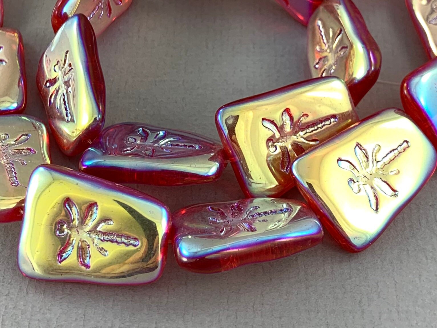 Candy Red, Peach and Golden Yellow Luster Czech Glass