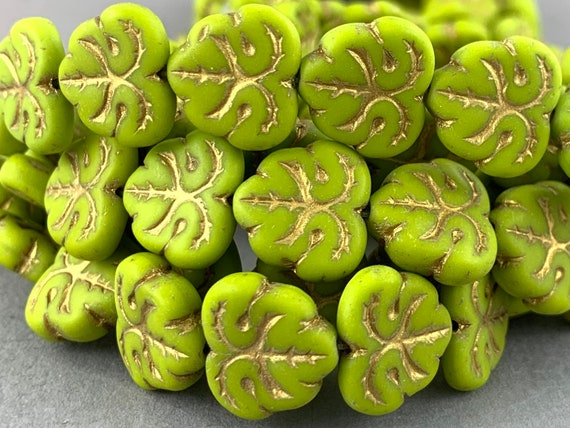 12 beads - Matte Green with Gold Czech Glass Maple Leaf Beads