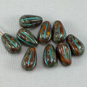 Orange geriffelte Tschechische Glas Melon Tropfen Perlen, Picasso, Petrol, Birne, Tropfen - 10 oder 20 Stück - 13 mm x 8 mm - MG135-B152