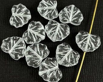 Transparent Clear Czech glass maple leaf beads, pressed beads, silver wash - 13mm x 11mm - 10 pcs - FB213-b035