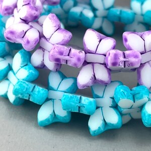 Pressed, white table cut Czech glass butterfly beads, lava purple or aqua blue edges - 20mm x 12mm - 4pcs - AB404-b227