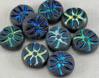 Matte Black Czech Glass Spider Beads, Blue Gold Rainbow - 13mm - 6 or 12 pcs - AB724-b287