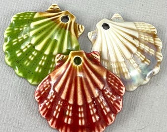 New COLORS! Large Ceramic Shell pendant, clam, Blue, Green, top drilled, focal, flat back, beach pendant, ocean - 1 pc - 30mm - MG055-A10