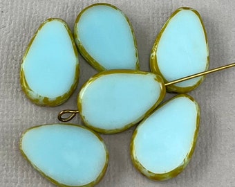 Baby Blue Czech glass table cut drop beads shaped beads, caramel picasso edge, pear, teardrop - 18mm x 12mm - 6 or 12 pcs - MG1078-b73