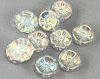 Crystal clear Czech glass hibiscus flower beads, aurora borealis finish, cherry blossom - 12mm - 10 pcs - FB243-b183