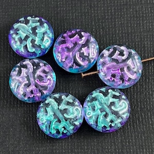 Lentil beads, transparent aqua blue & purple Czech glass, aqua, purple scroll, swirl, puffy coin - 14mm - 6 or 12 pcs - MG1131-b271