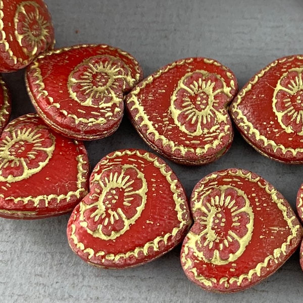 Red pressed Czech glass heart beads , gold wash detail, puffy heart, flower, daisy - 18mm - 4pcs - MG704-b312