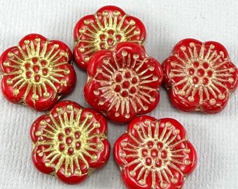 Large, Red wild rose flower beads, Czech glass, gold & copper wash - 4 or 8 pcs - 18mm - FB2353-b234